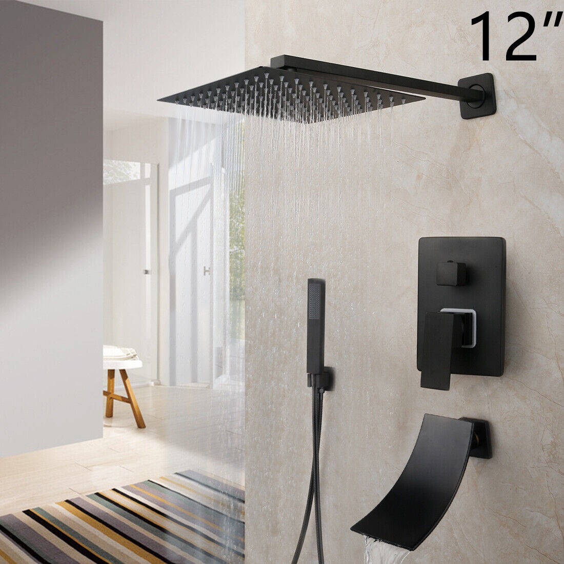 12" Black Bathroom Shower Faucet Set Square Shower Head Tub Mixer Wall Mount Tap