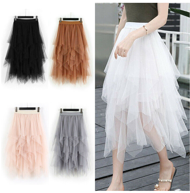 Women Elastic High Waist Tulle Mesh Skirt Ladies Layered Maxi Long Party Dress
