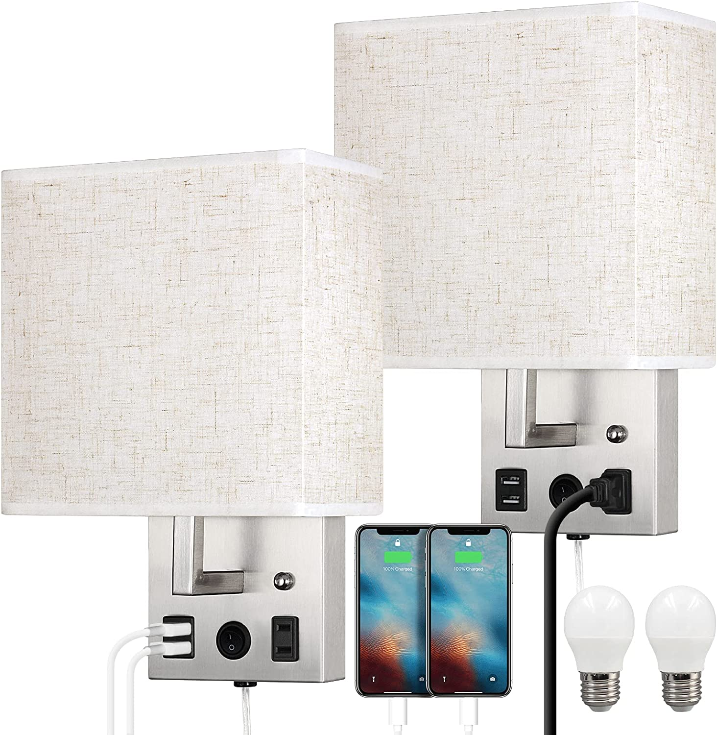 Bedside Wall Lamp Set of 2 Plug in Wall Light with Usb Charging Ports and Ac Out